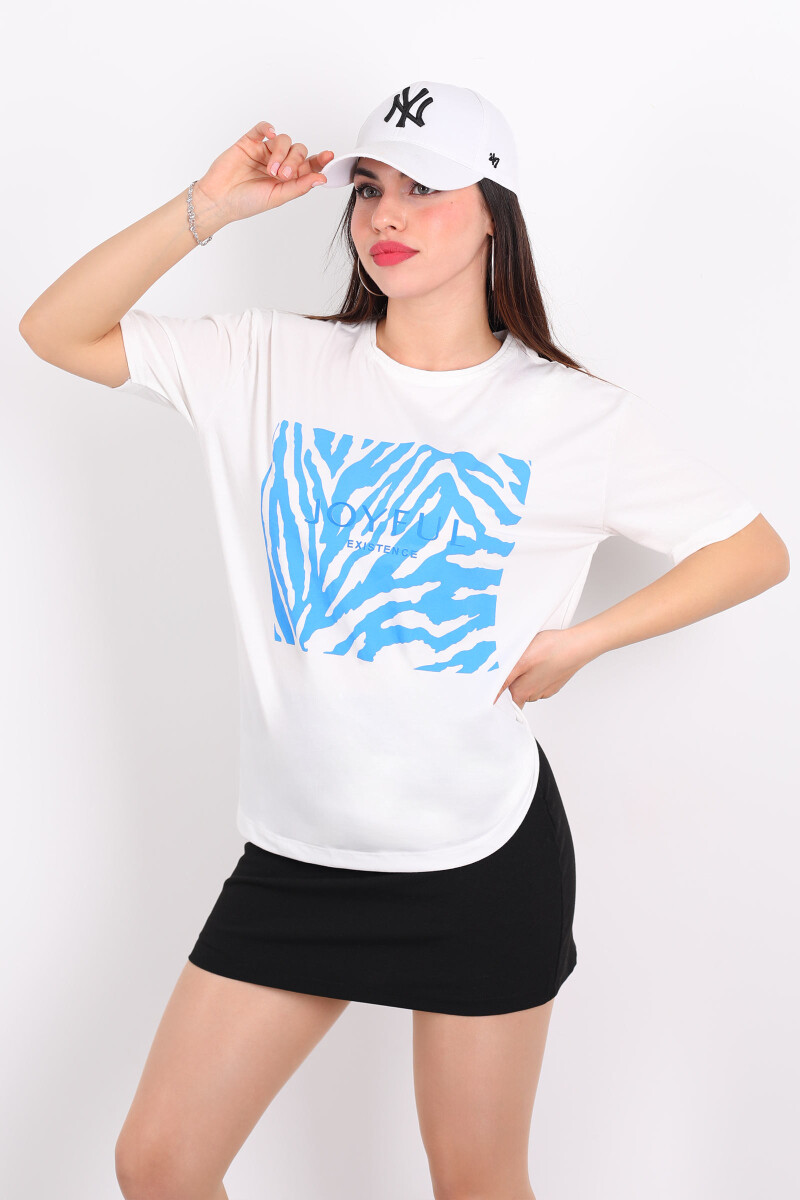JoyFul Yazılı Mavi Yaprak Baskılı Beyaz Kadın T-shirt - 1
