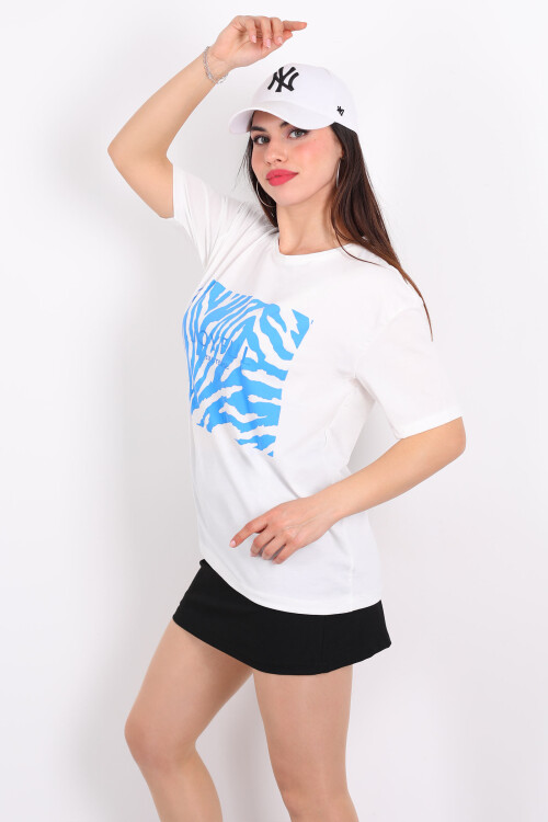 JoyFul Yazılı Mavi Yaprak Baskılı Beyaz Kadın T-shirt - 4