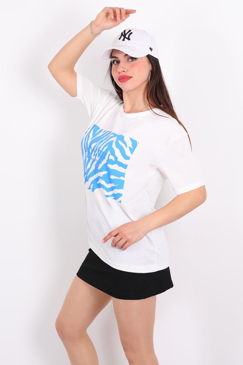 JoyFul Yazılı Mavi Yaprak Baskılı Beyaz Kadın T-shirt - 4