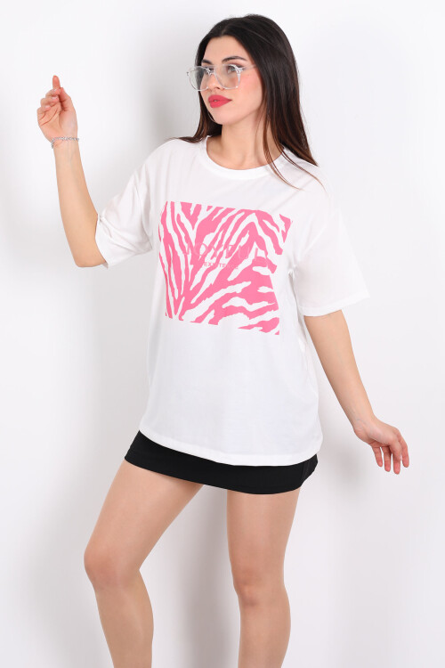 JoyFul Yazılı Pembe Yaprak Baskılı Beyaz Kadın T-shirt - 3