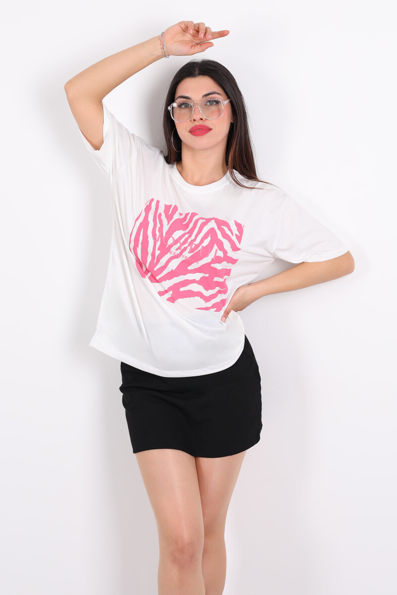 JoyFul Yazılı Pembe Yaprak Baskılı Beyaz Kadın T-shirt - 1