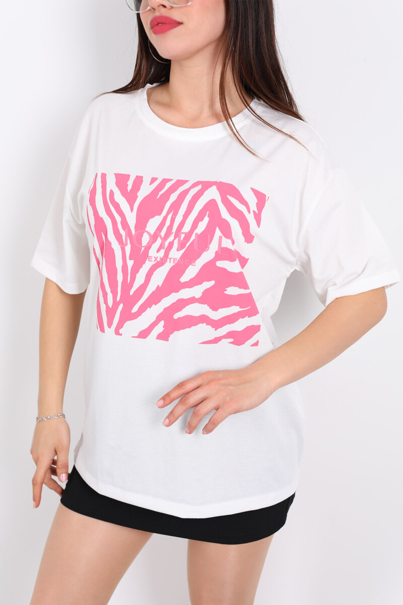 JoyFul Yazılı Pembe Yaprak Baskılı Beyaz Kadın T-shirt - 2