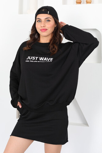 Just Wave Baskılı Siyah Kadın Sweat Etek Takım - 3