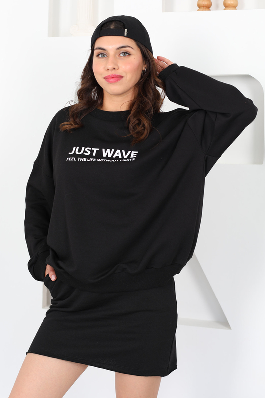 Just Wave Baskılı Siyah Kadın Sweat Etek Takım - 3