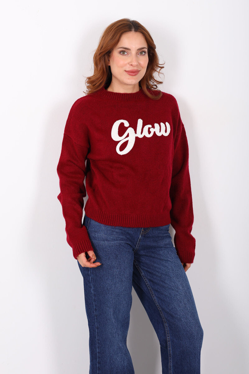 Kabartma Yazılı Bisiklet Yaka Bordo Kadın Triko Kazak - 6