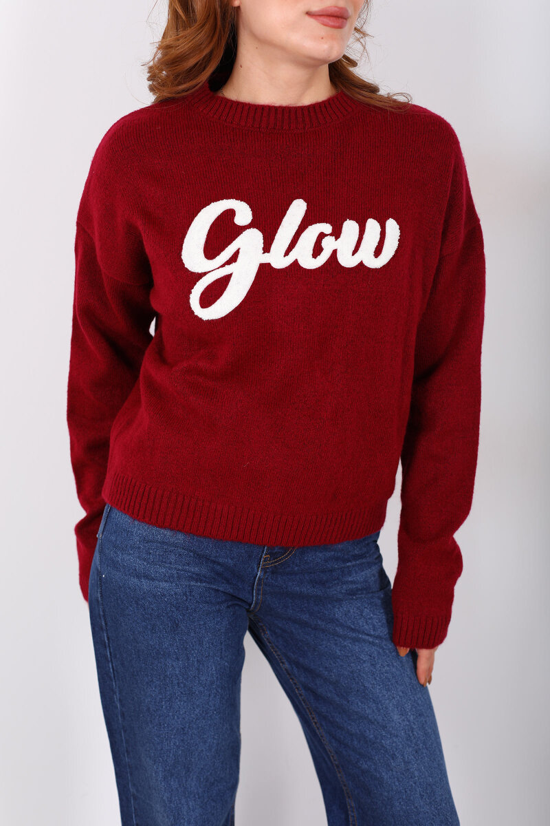 Kabartma Yazılı Bisiklet Yaka Bordo Kadın Triko Kazak - 2