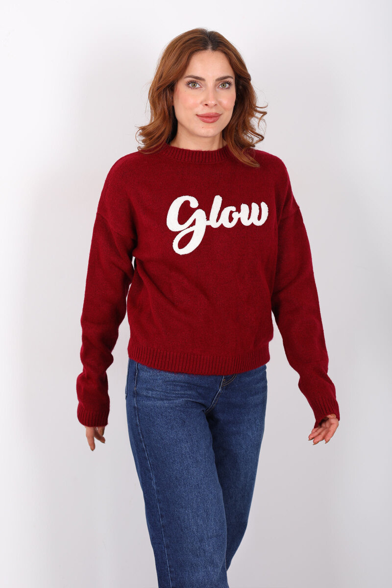 Kabartma Yazılı Bisiklet Yaka Bordo Kadın Triko Kazak - 4