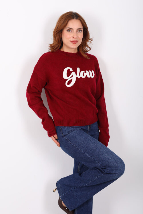 Kabartma Yazılı Bisiklet Yaka Bordo Kadın Triko Kazak - Berox