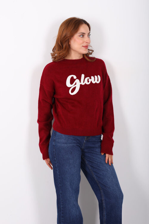 Kabartma Yazılı Bisiklet Yaka Bordo Kadın Triko Kazak - 3