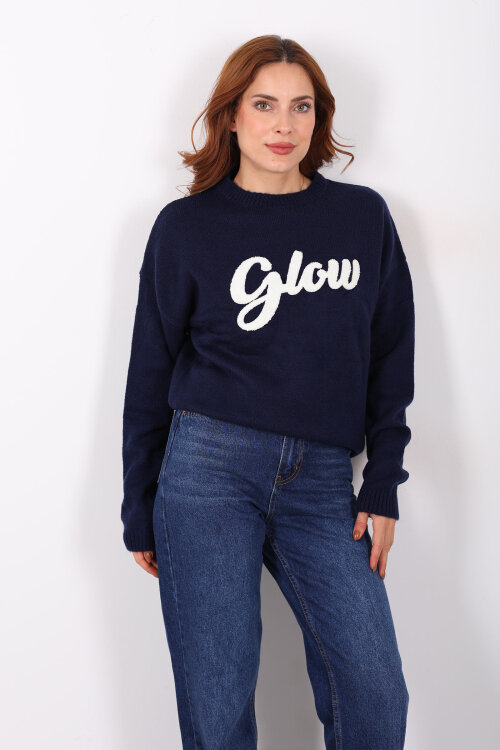 Kabartma Yazılı Bisiklet Yaka Lacivert Kadın Triko Kazak - 5