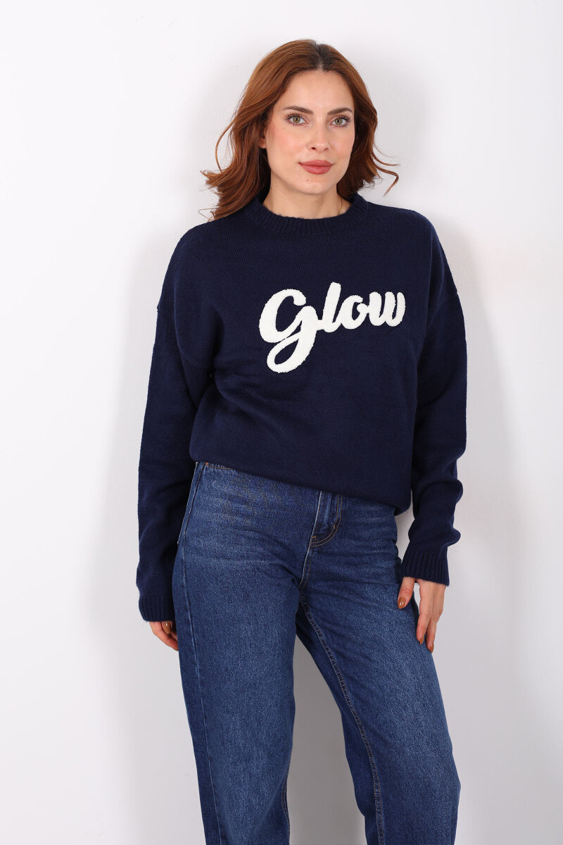 Kabartma Yazılı Bisiklet Yaka Lacivert Kadın Triko Kazak - 5