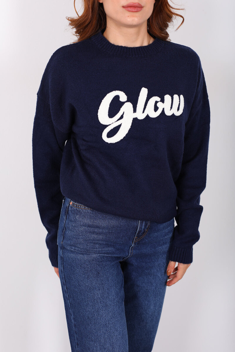 Kabartma Yazılı Bisiklet Yaka Lacivert Kadın Triko Kazak - 2