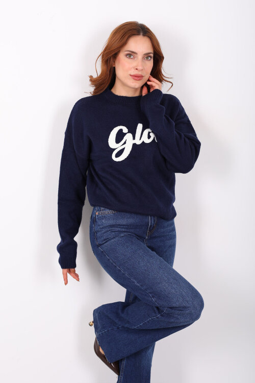 Kabartma Yazılı Bisiklet Yaka Lacivert Kadın Triko Kazak - 3