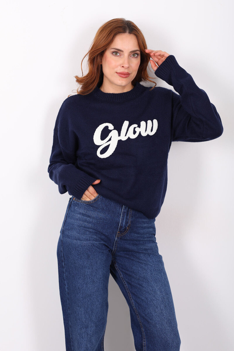 Kabartma Yazılı Bisiklet Yaka Lacivert Kadın Triko Kazak - 1