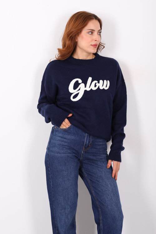 Kabartma Yazılı Bisiklet Yaka Lacivert Kadın Triko Kazak - 4