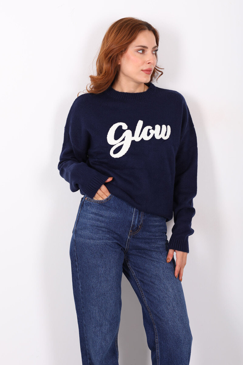 Kabartma Yazılı Bisiklet Yaka Lacivert Kadın Triko Kazak - 4