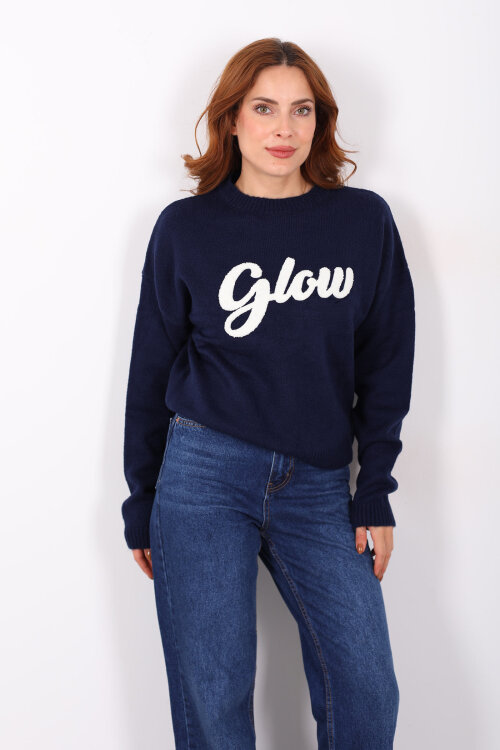 Kabartma Yazılı Bisiklet Yaka Lacivert Kadın Triko Kazak - 7