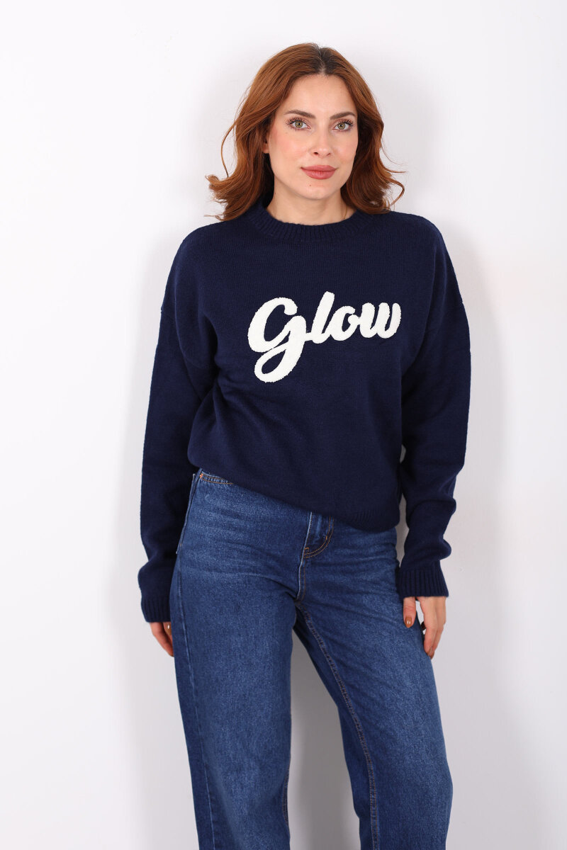 Kabartma Yazılı Bisiklet Yaka Lacivert Kadın Triko Kazak - 7