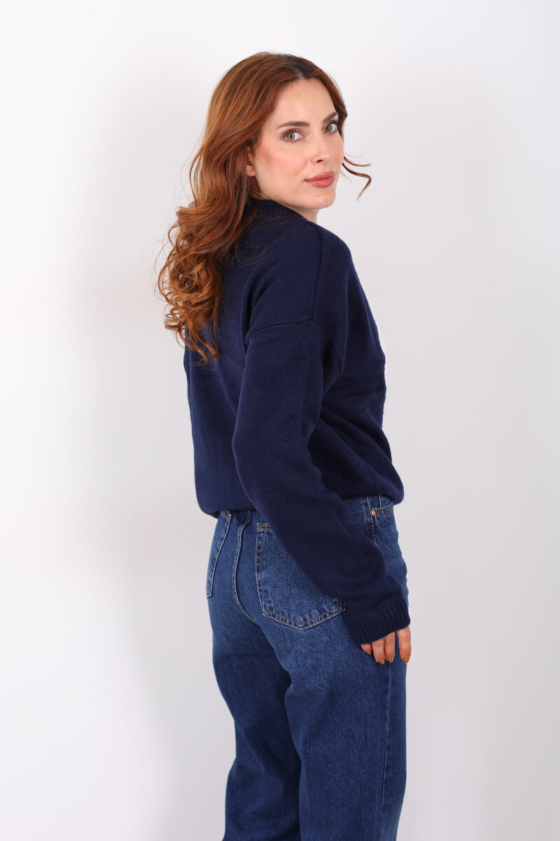 Kabartma Yazılı Bisiklet Yaka Lacivert Kadın Triko Kazak - 6