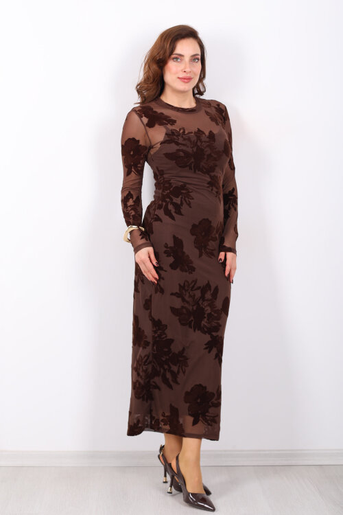 Kadife Baskılı Acı Kahve Kadın Astarlı Elbise - 6