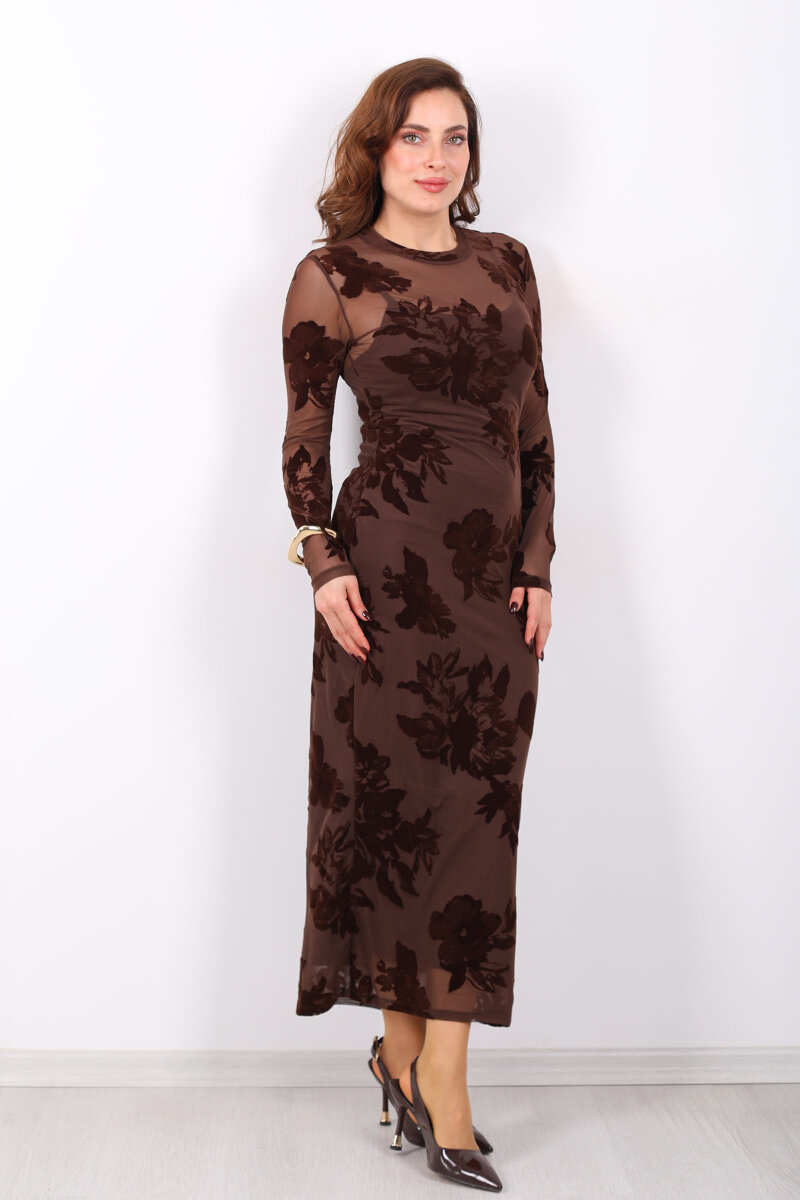 Kadife Baskılı Acı Kahve Kadın Astarlı Elbise - 6