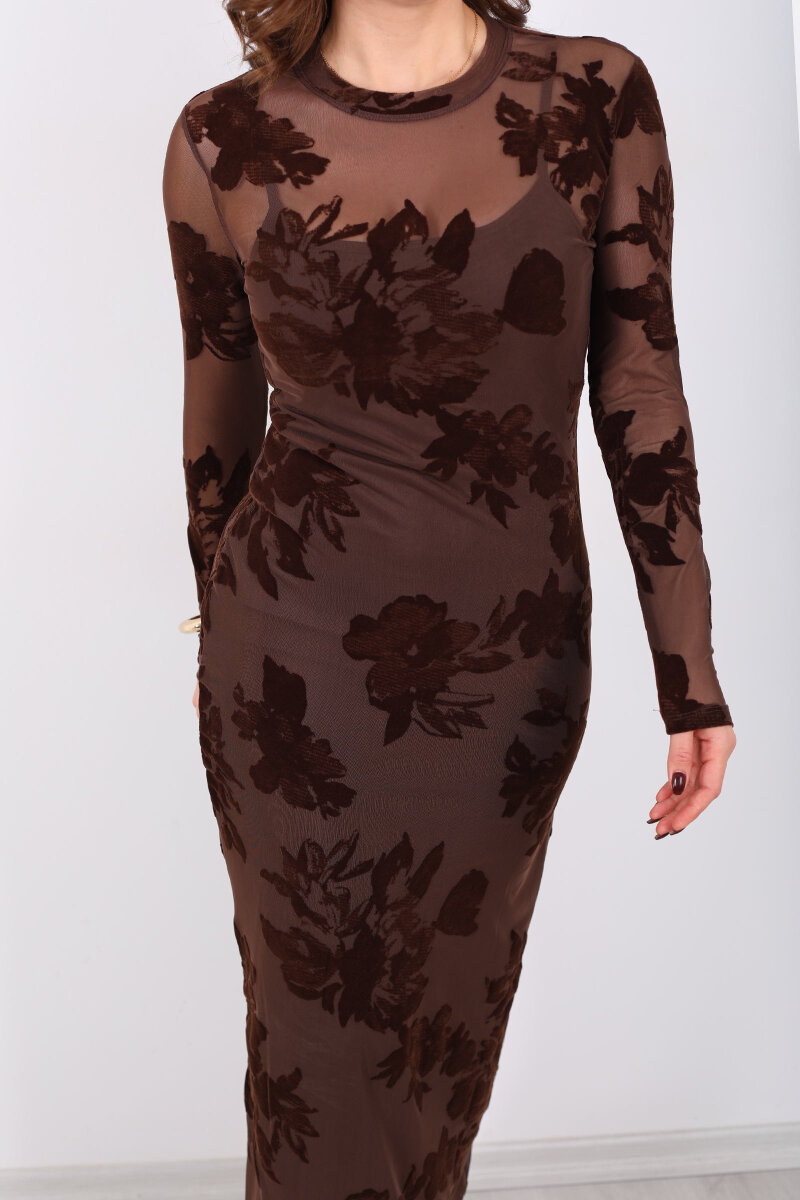 Kadife Baskılı Acı Kahve Kadın Astarlı Elbise - 2