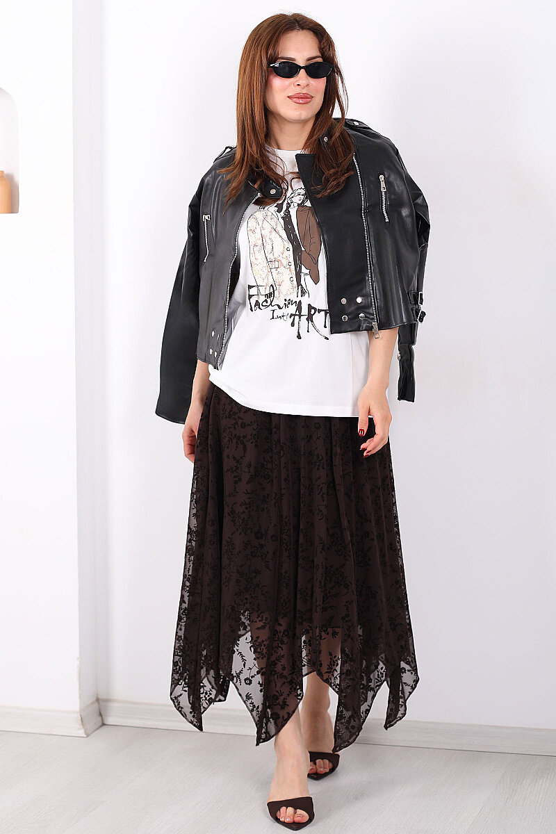 Kadife Baskılı Asimetrik Acı Kahve Kadın Kloş Etek - 4