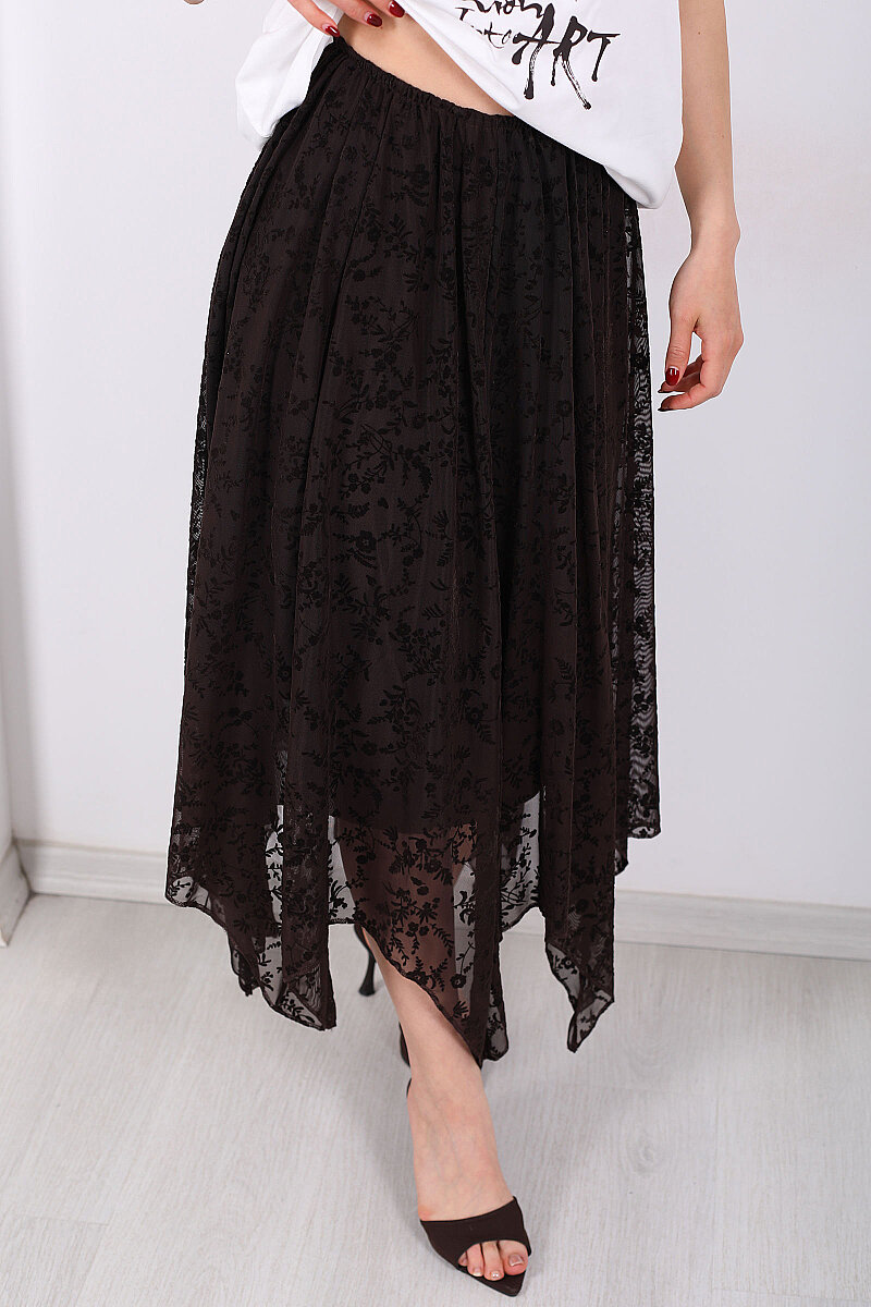 Kadife Baskılı Asimetrik Acı Kahve Kadın Kloş Etek - 2