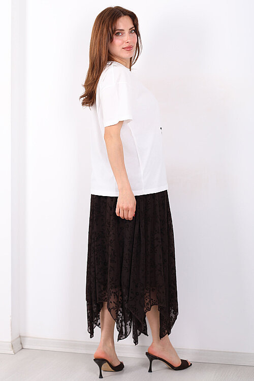 Kadife Baskılı Asimetrik Acı Kahve Kadın Kloş Etek - 5