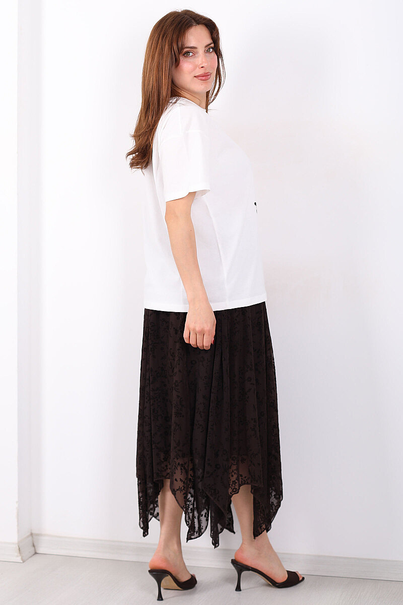 Kadife Baskılı Asimetrik Acı Kahve Kadın Kloş Etek - 5