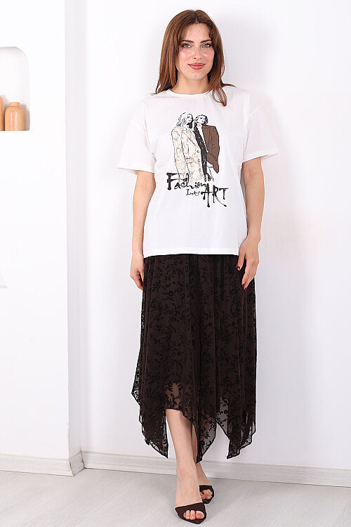 Kadife Baskılı Asimetrik Acı Kahve Kadın Kloş Etek - 6