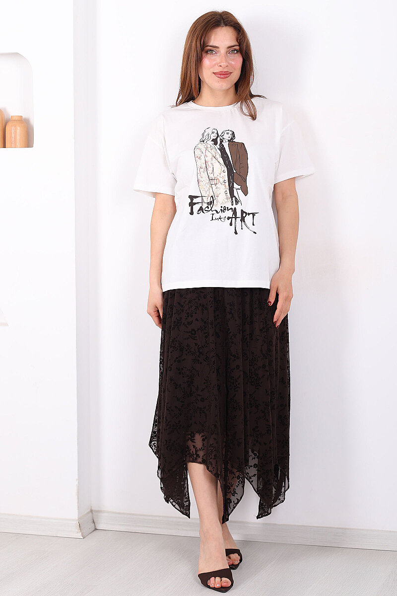 Kadife Baskılı Asimetrik Acı Kahve Kadın Kloş Etek - 6