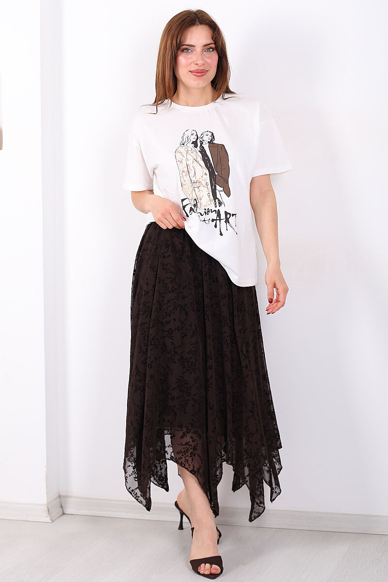 Kadife Baskılı Asimetrik Acı Kahve Kadın Kloş Etek - 3