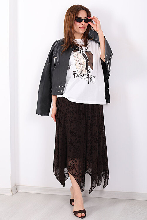 Kadife Baskılı Asimetrik Acı Kahve Kadın Kloş Etek - Berox