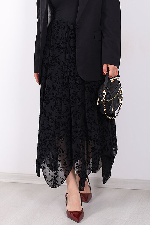 Kadife Baskılı Asimetrik Siyah Kadın Kloş Etek - Berox (1)