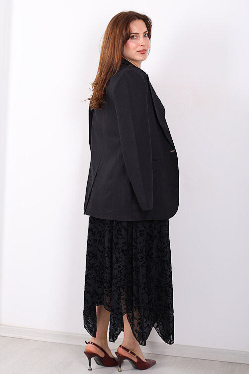 Kadife Baskılı Asimetrik Siyah Kadın Kloş Etek - 5