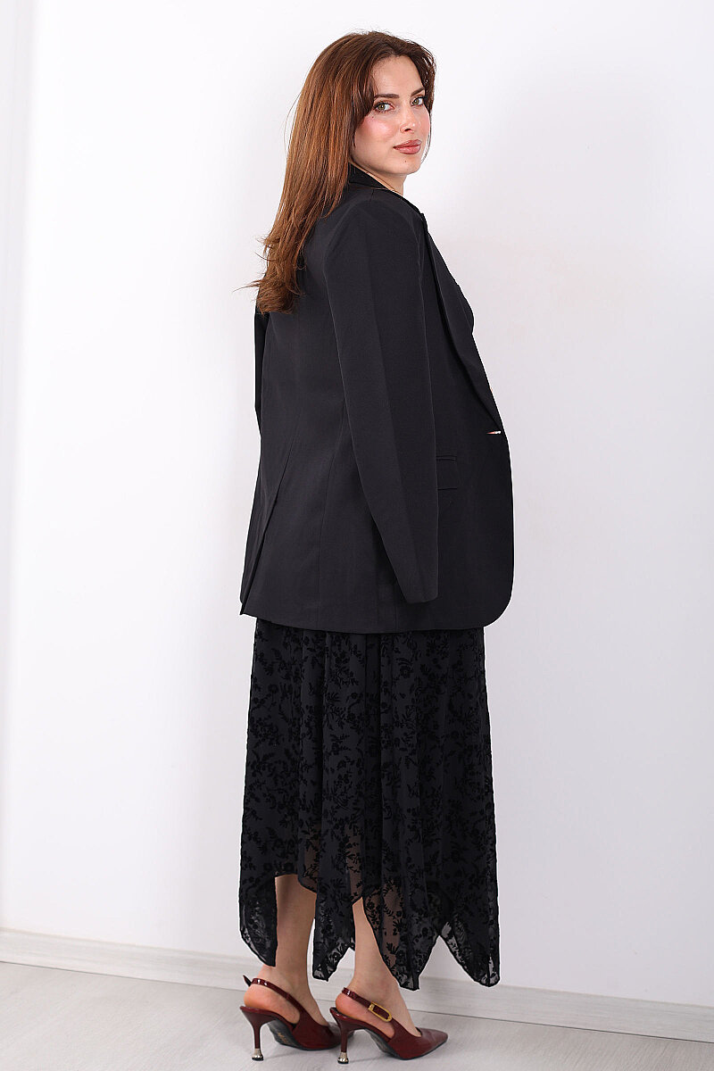 Kadife Baskılı Asimetrik Siyah Kadın Kloş Etek - 5