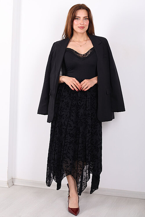 Kadife Baskılı Asimetrik Siyah Kadın Kloş Etek - 7