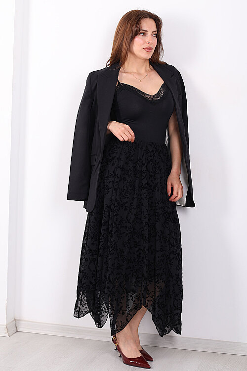 Kadife Baskılı Asimetrik Siyah Kadın Kloş Etek - 4