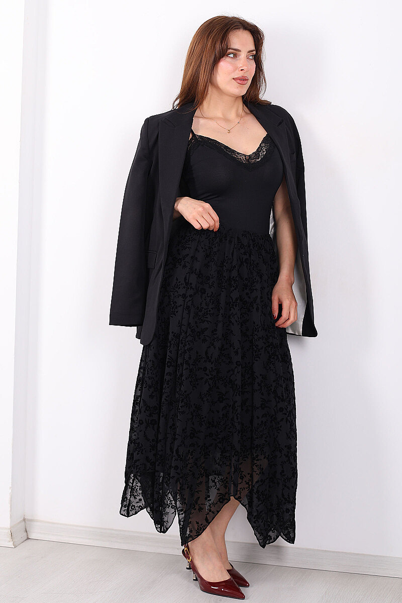 Kadife Baskılı Asimetrik Siyah Kadın Kloş Etek - 4