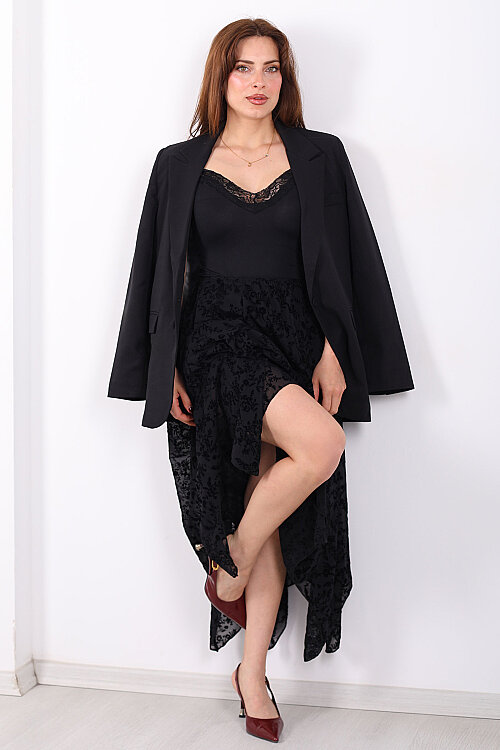 Kadife Baskılı Asimetrik Siyah Kadın Kloş Etek - 6