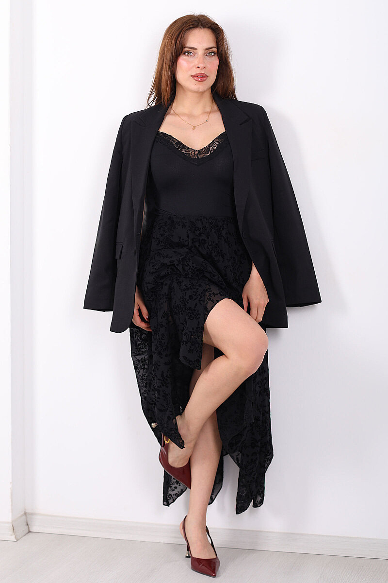 Kadife Baskılı Asimetrik Siyah Kadın Kloş Etek - 6