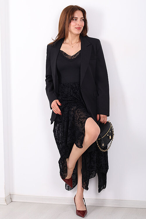 Kadife Baskılı Asimetrik Siyah Kadın Kloş Etek - 3