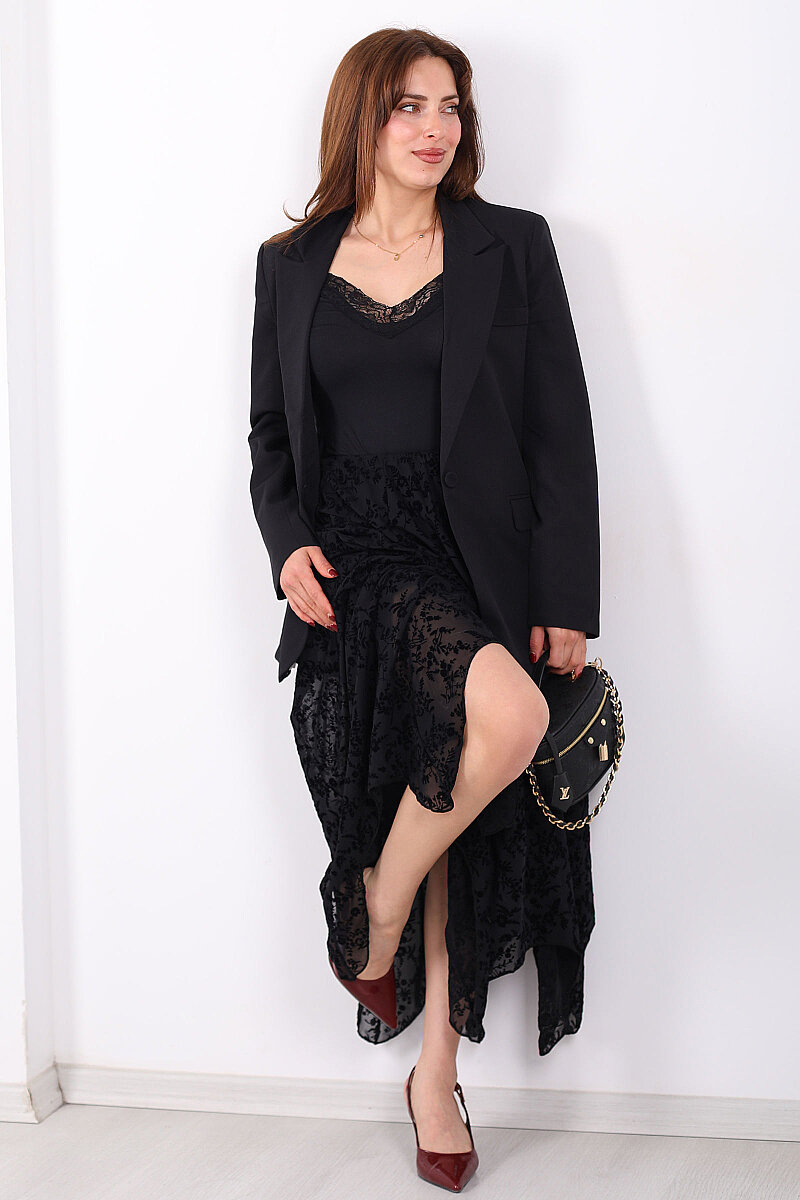 Kadife Baskılı Asimetrik Siyah Kadın Kloş Etek - 3