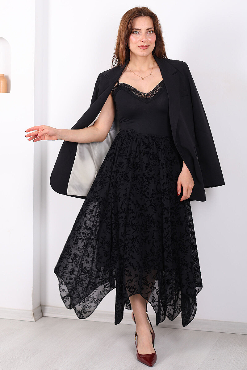 Kadife Baskılı Asimetrik Siyah Kadın Kloş Etek - 1