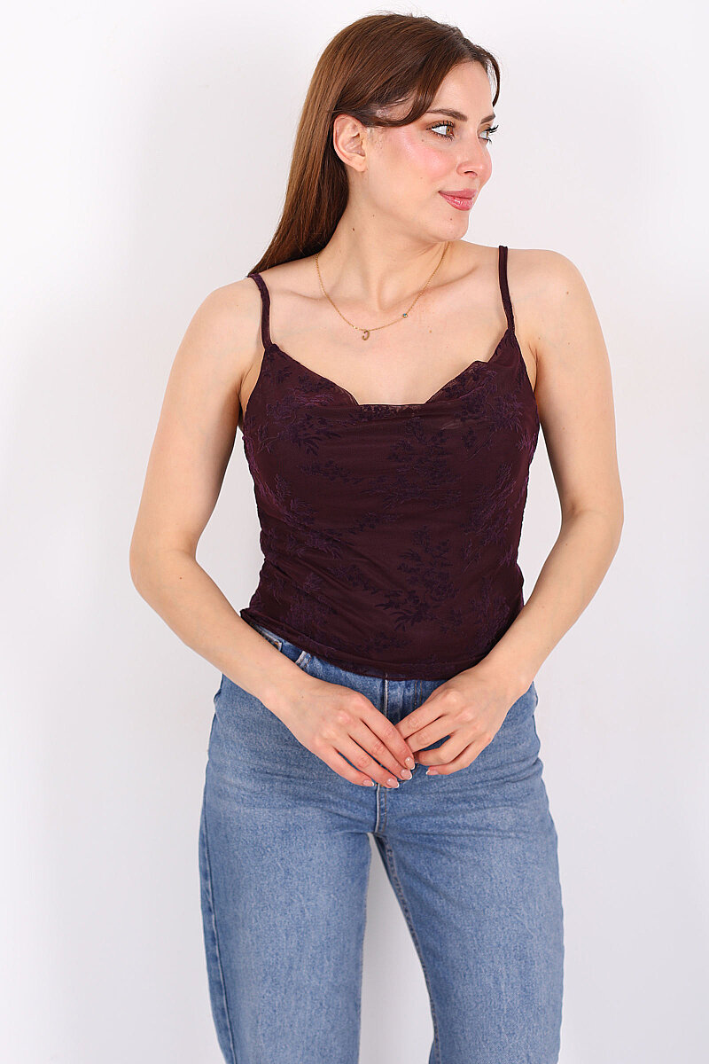 Kadife Baskılı Degaje Yaka Mürdüm Kadın Askılı Bluz - 3