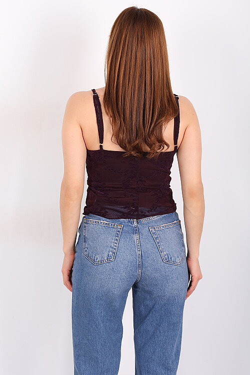 Kadife Baskılı Degaje Yaka Mürdüm Kadın Askılı Bluz - 4