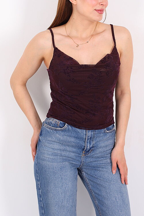 Kadife Baskılı Degaje Yaka Mürdüm Kadın Askılı Bluz - Berox (1)