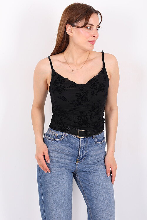 Kadife Baskılı Degaje Yaka Siyah Kadın Askılı Bluz - 4