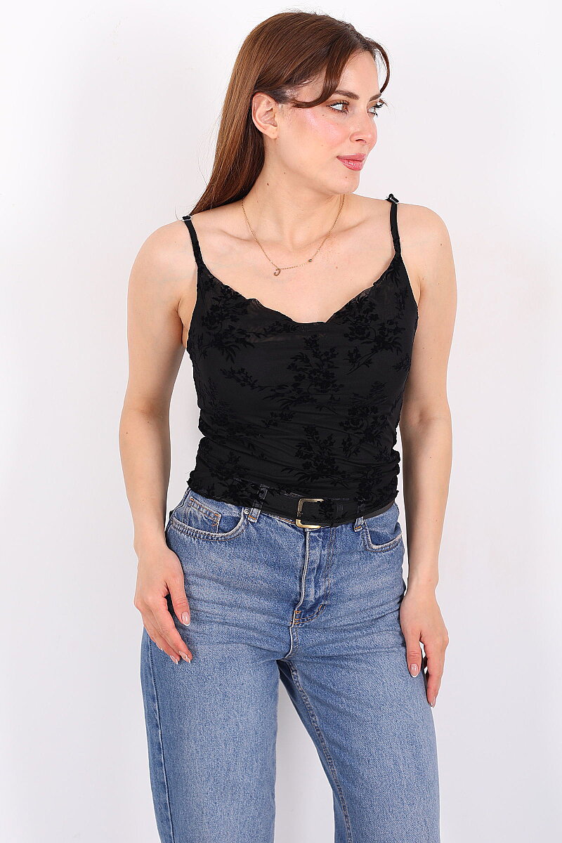 Kadife Baskılı Degaje Yaka Siyah Kadın Askılı Bluz - 4